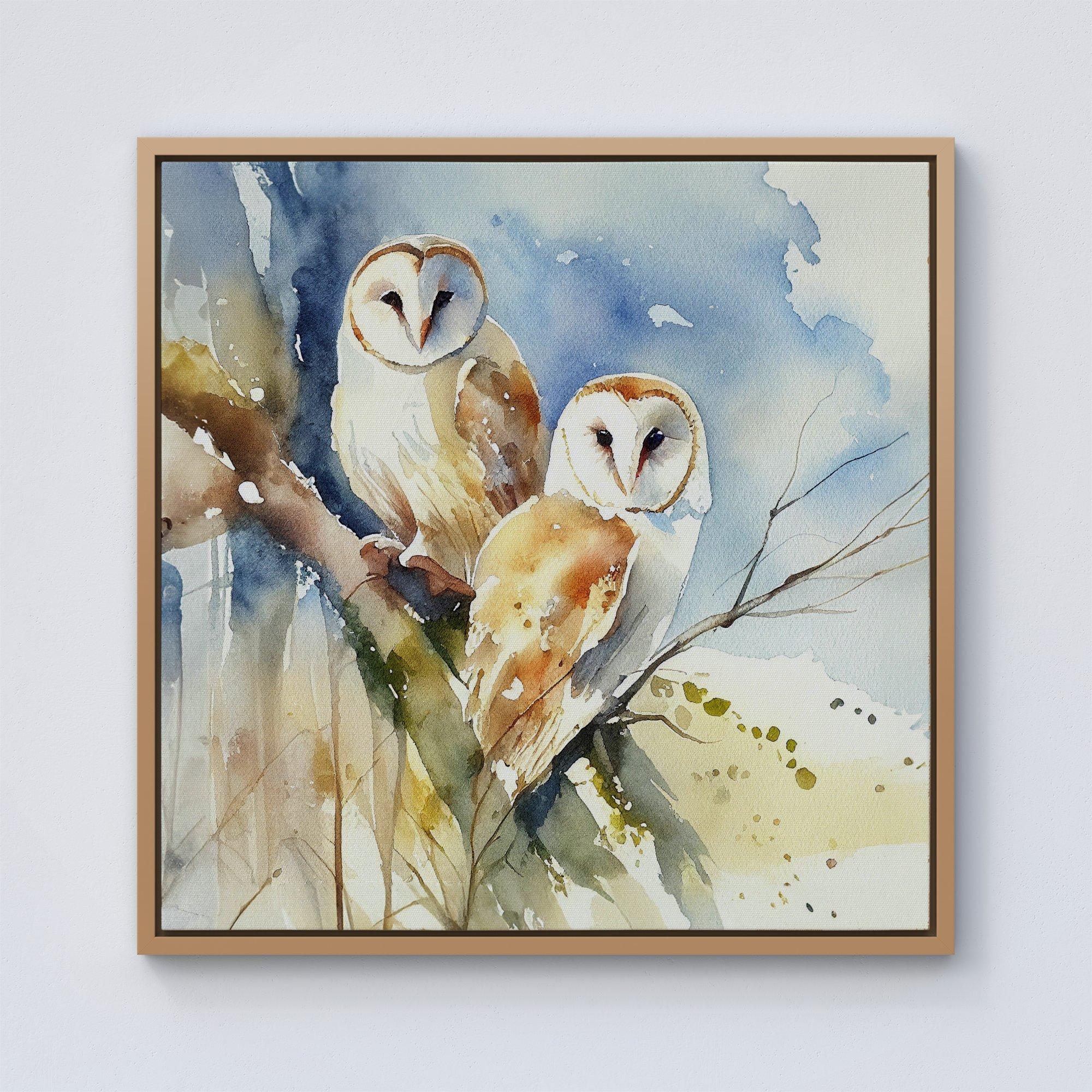 Barn Owls Watercolour Framed Canvas